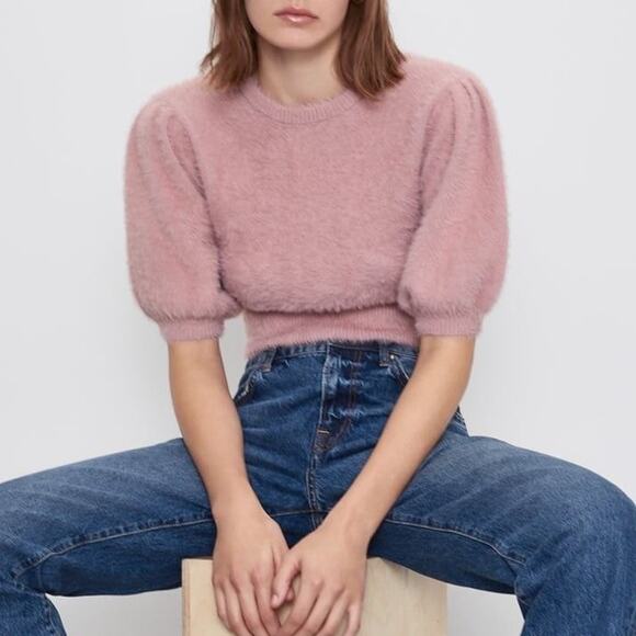 Zara Fuzzy Rose Faux Fur Knit Sweater Puff Sleeve Cropped Pullover Jumper Top - Picture 6 of 9
